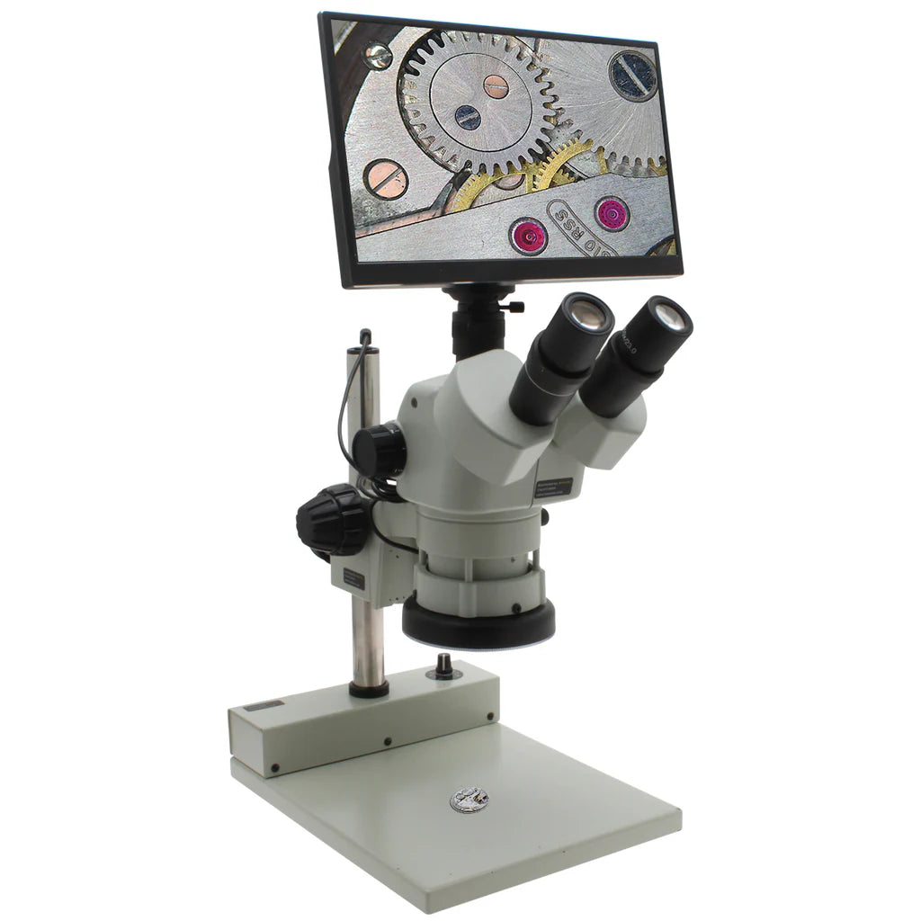 Aven Stereo Zoom Trinocular Microscope SPZV-50 [6.75x-50x] on Post Stand  with Integrated Monitor/Camera & LED Light