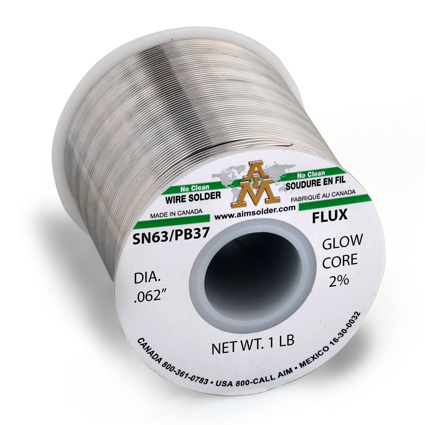 AIM SN63/PB37 Glow Core 2% No Clean Core Wire Solder .062" Diameter