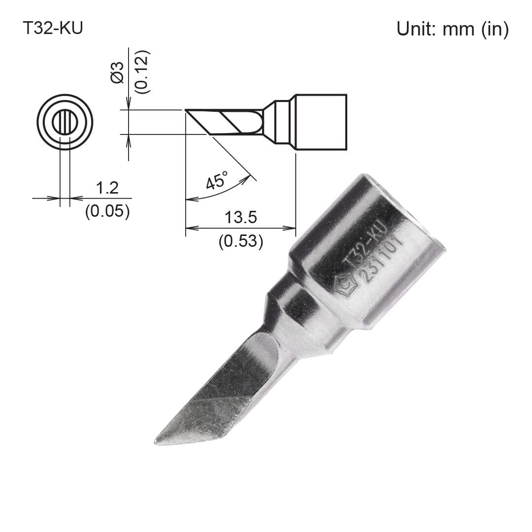 Hakko T32-KU Tip, Knife 3mm/45° x 13.5mm for FX-8806 Soldering Iron