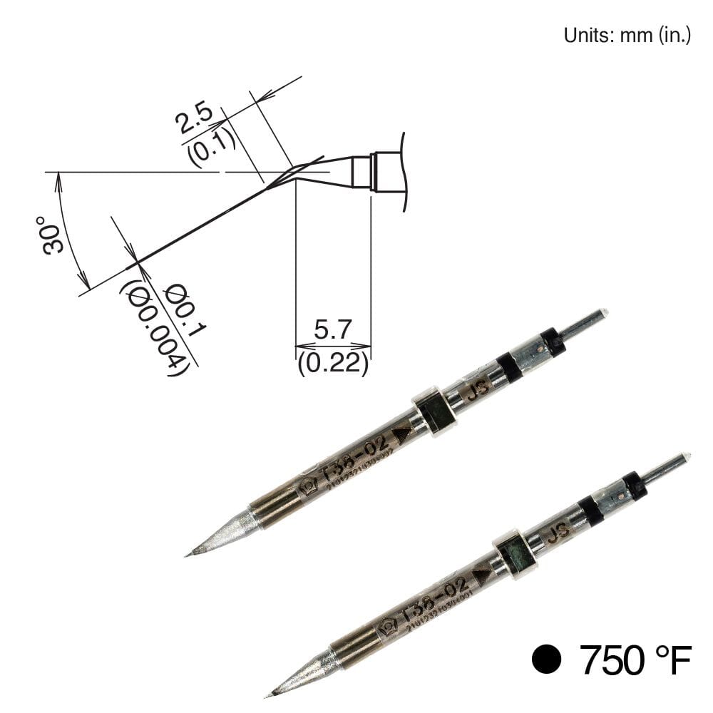 Hakko T38-02JS Bent Tip, 2 Pack, 0.05mm Radius X 5.7mm, 750°F, FX-1003 Micro Tweezers