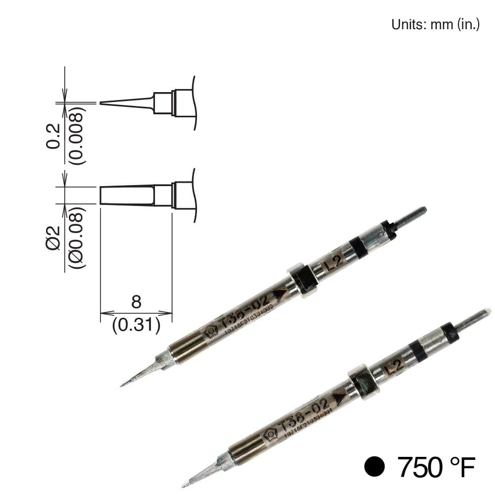 Hakko T38-02L2 Chip Tip, 2 Pack, 2mm, 750°F, FX-1003 Micro Tweezers