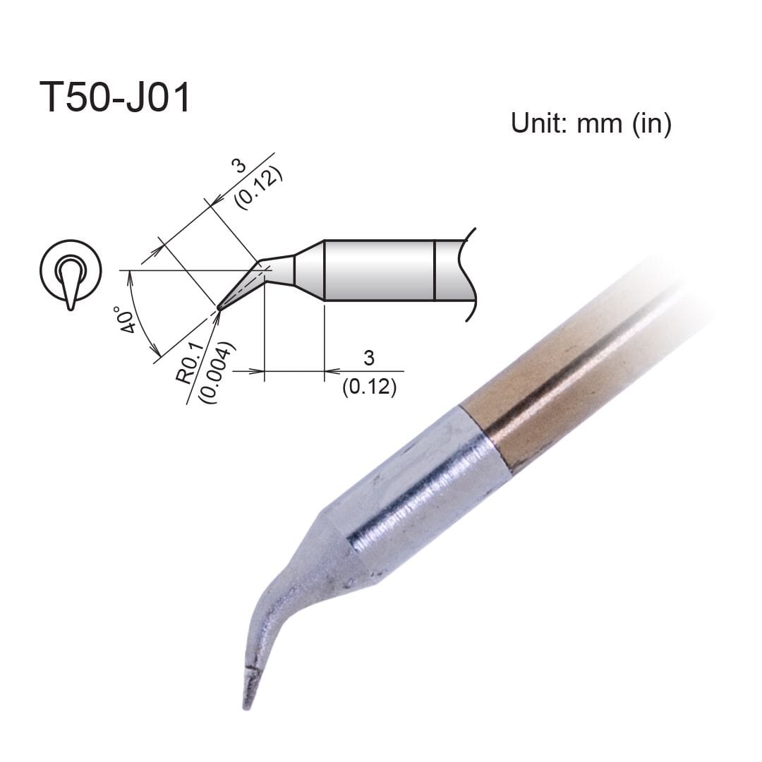 Hakko T50-J01 Tip, Bent, R0.1mm-40 Degree, Micro, FX-9703/9704