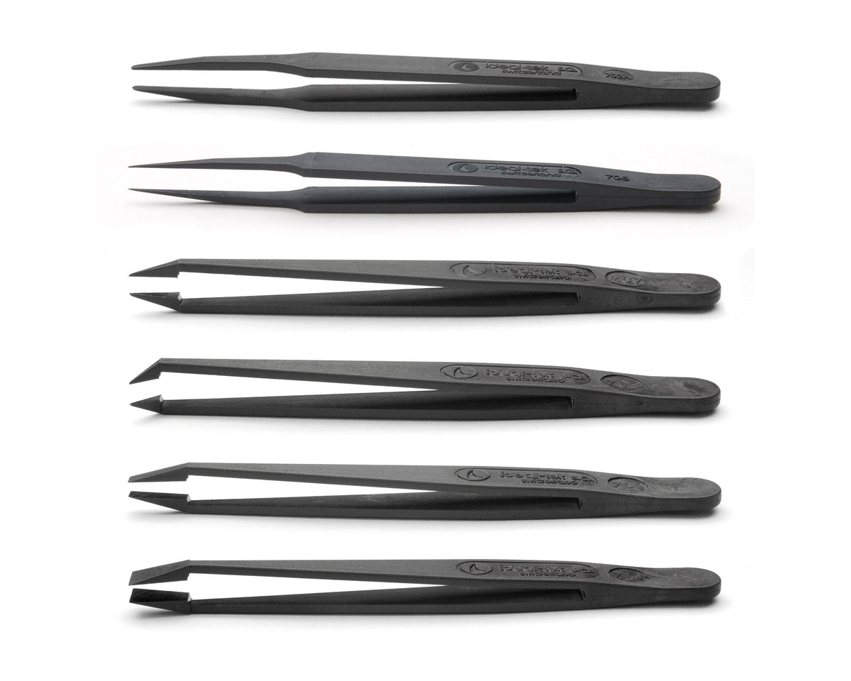 Ideal-tek 6-pc ESD Plastic tweezer Kit – PVDF plastic – 702A – 705 – 707 – 708 – 709 – 710 – Swiss Made