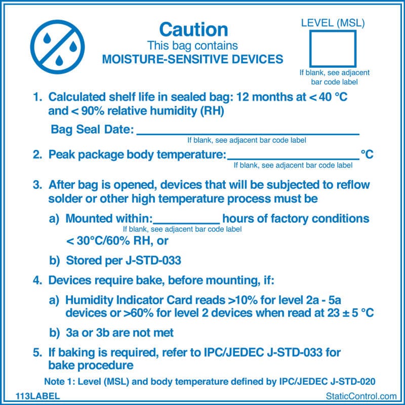 SCS Moisture Sensitive Caution Label, IPC/JEDEC J-STD-020, 4" x 4", 100/Roll