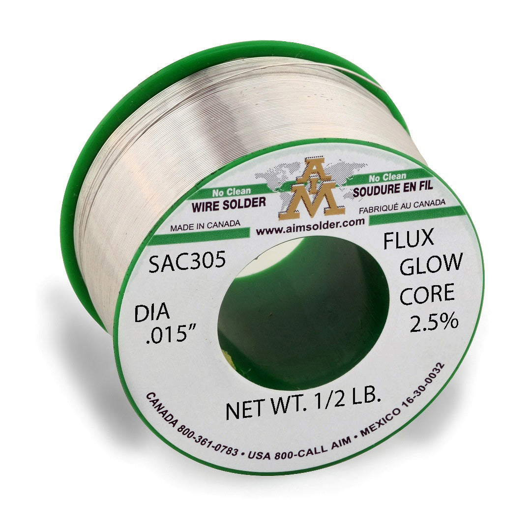 AIM Lead Free No Clean Core Wire Solder, SAC305 Glow Core 2.5% .015" Dia. 1 Lb.