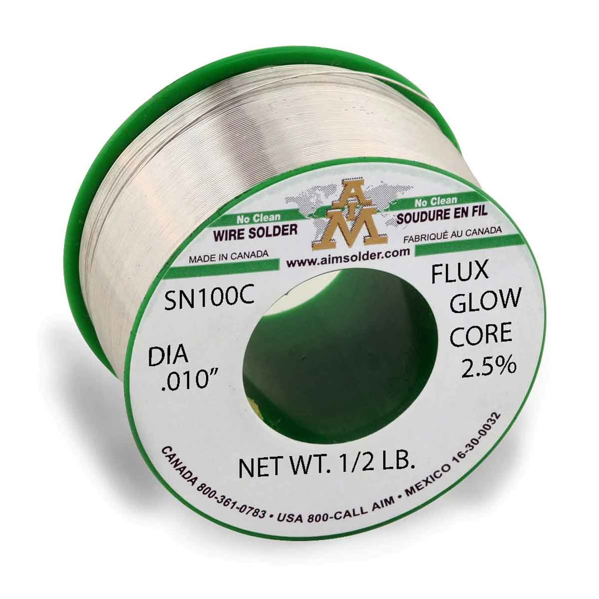 AIM Lead Free No Clean Core Wire Solder, SN100C Glow Core 2.5% .010" Dia. 1/2 Lb.