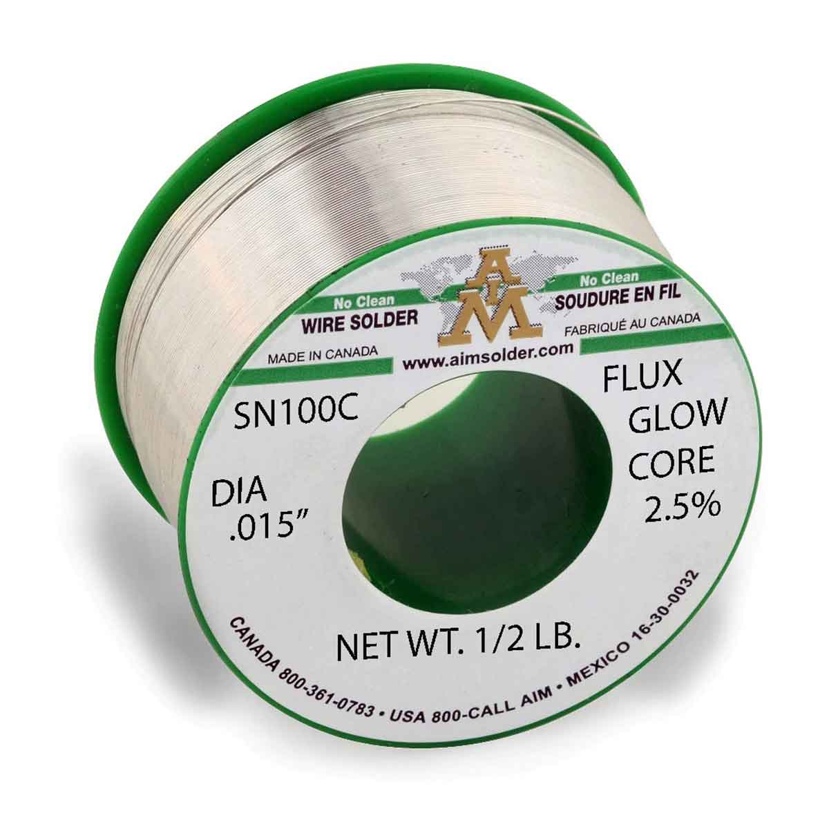 AIM Lead Free No Clean Core Wire Solder, SN100C Glow Core 2.5% .015" Dia. 1/2 Lb.