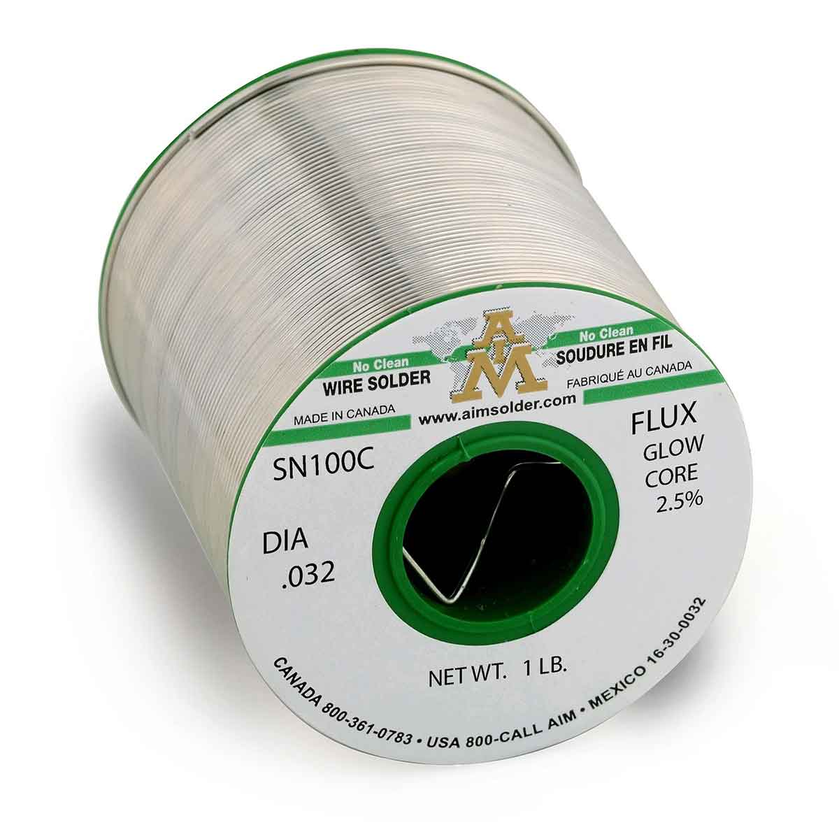 AIM Lead Free No Clean Core Wire Solder, SN100C Glow Core 2.5% .032" Dia. 1 Lb. Spool