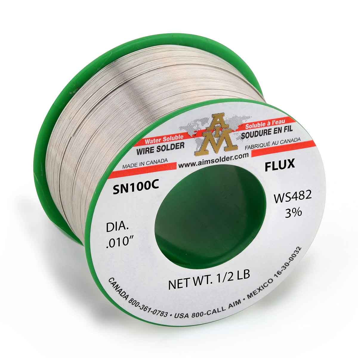 AIM Lead Free Water Soluble Core Wire Solder, SN100C WS482 3% .010" Dia. 1/2 Lb.