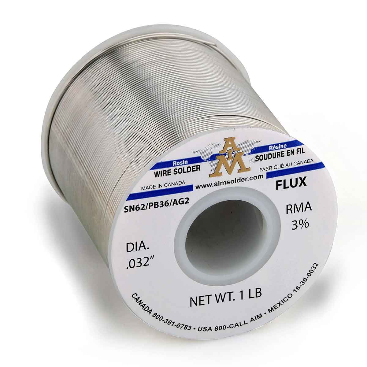 AIM RMA Core Wire Solder, SN62/PB36/AG2 RMA 3% .032" Dia. 1 Lb. Spool