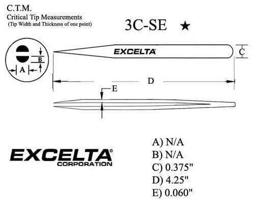 Excelta Tweezers 3C-SE Straight Very Fine Points, Carbon Steel 4.25"