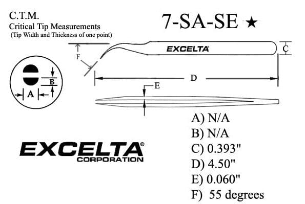Excelta Tweezers 7-SA-SE 45° , Curved Very Fine Points, Anti-Mag, Stainless Steel 4.5"