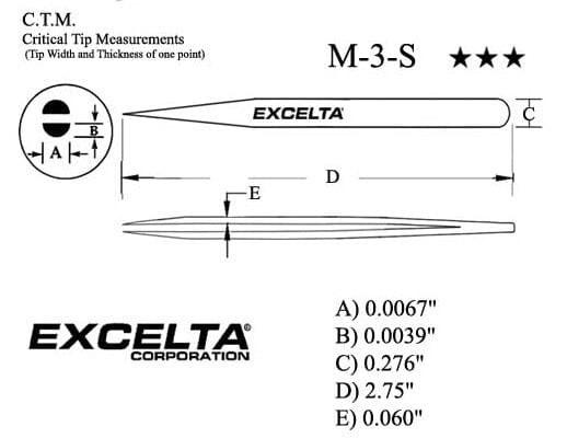 Excelta Tweezers M-3-S Straight Fine Points, Mini, Stainless Steel 2.75"