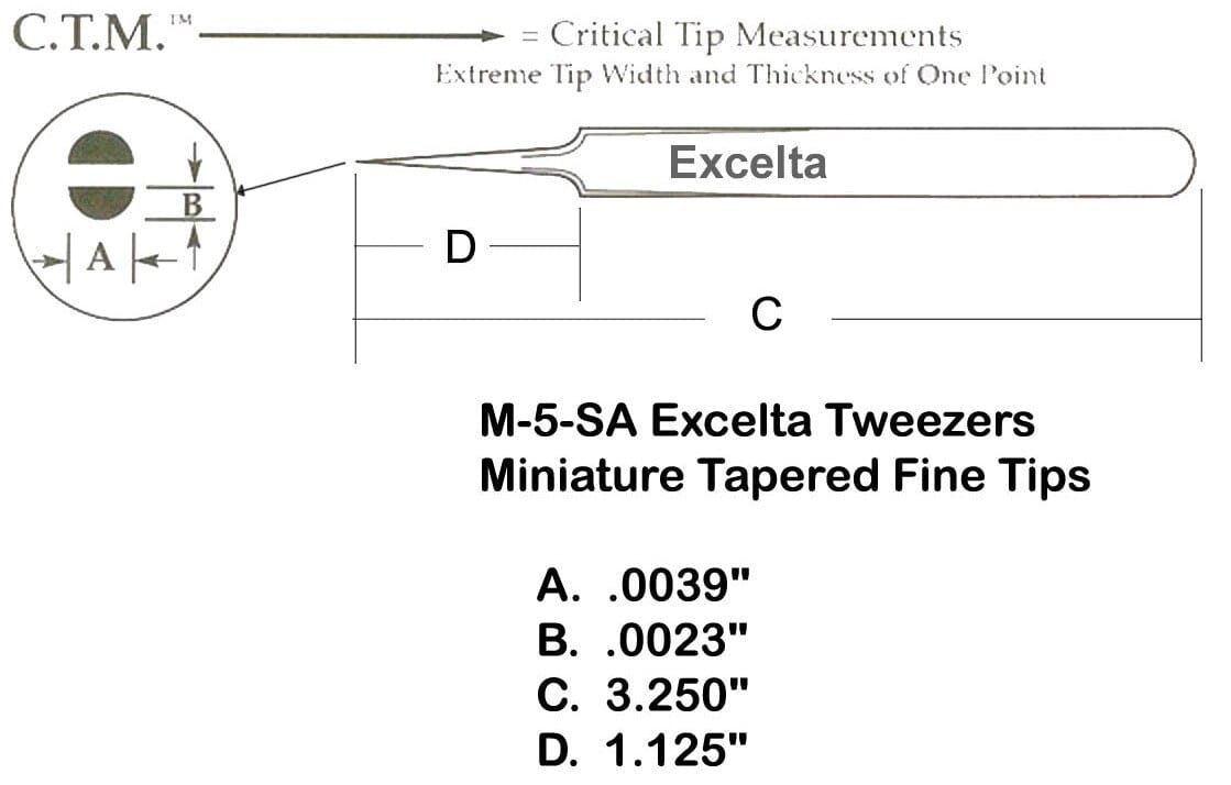 Excelta Tweezers M-5-S Straight Tapered, Very Fine Points, Mini Stainless Steel 2.75"