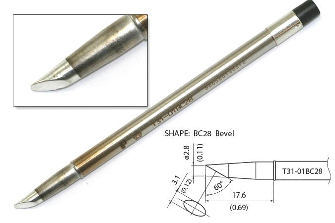 Hakko T31-01BC28 Tip,Bevel,2.8mm/60° X 17.6mm,IH,450°C/840°F,FX-1001