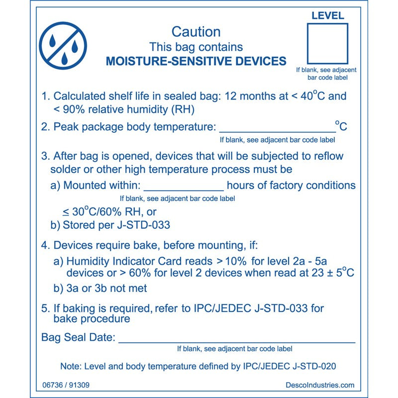 Label, Moisture Barrier Bag, IPC/JEDEC J-STD 020. 100/Roll