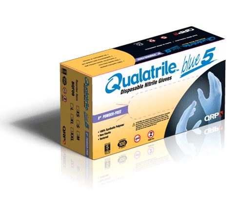 Qualatrile 5 Mil Blue Nitrile 9" Powder Free Gloves, 100 Count Box, Medium