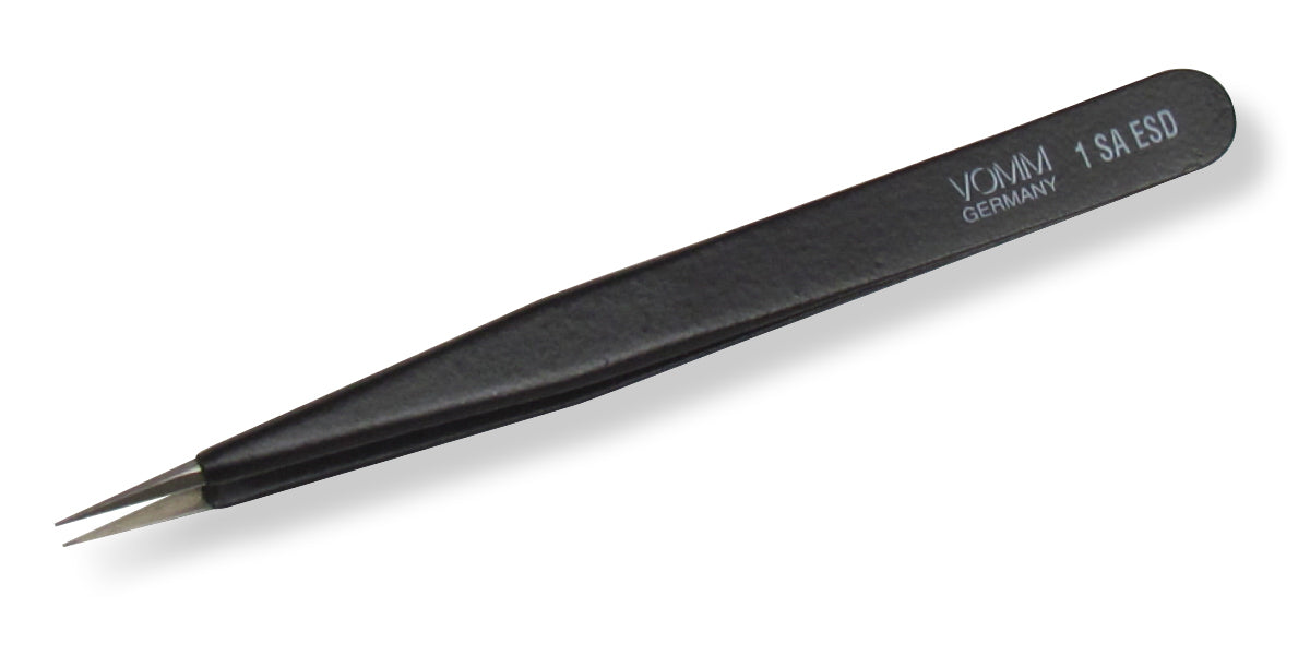 Vomm Precision Tweezers 1-SA-ESD, Straight, Very Fine Tips, ESD Safe, 4.7 inch, Stainless Steel
