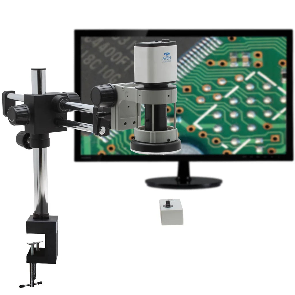 Aven Digital Microscope Mighty Cam Pro [7 -70x] On Double Arm Boom Stand with LED Focus Mount + HD Monitor