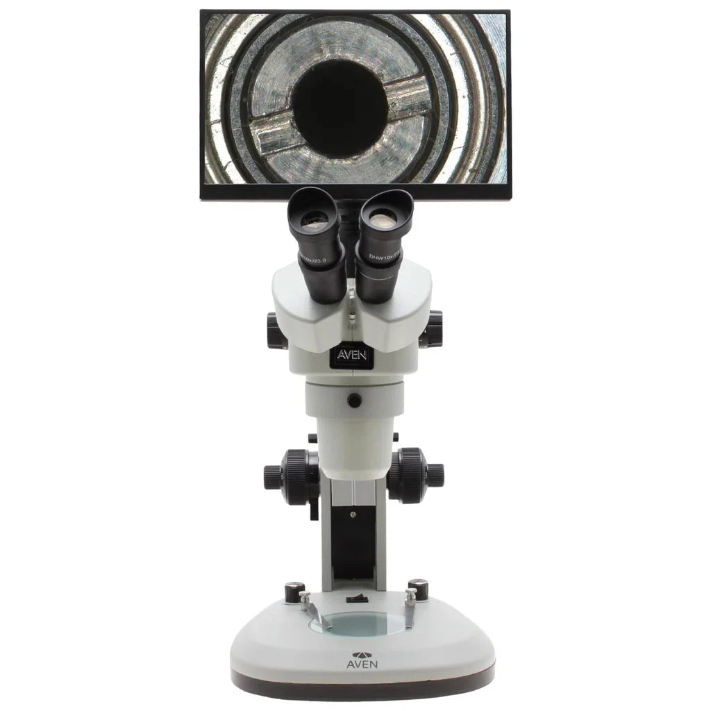 Aven Stereo Zoom Trinocular Microscope SPZV-50 [6.7x-50x] on Track Stand with Top & Bottom LED's