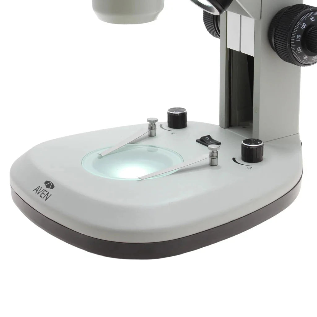 Aven Stereo Zoom Trinocular Microscope SPZV-50 [6.7x-50x] on Track Stand with Top & Bottom LED's