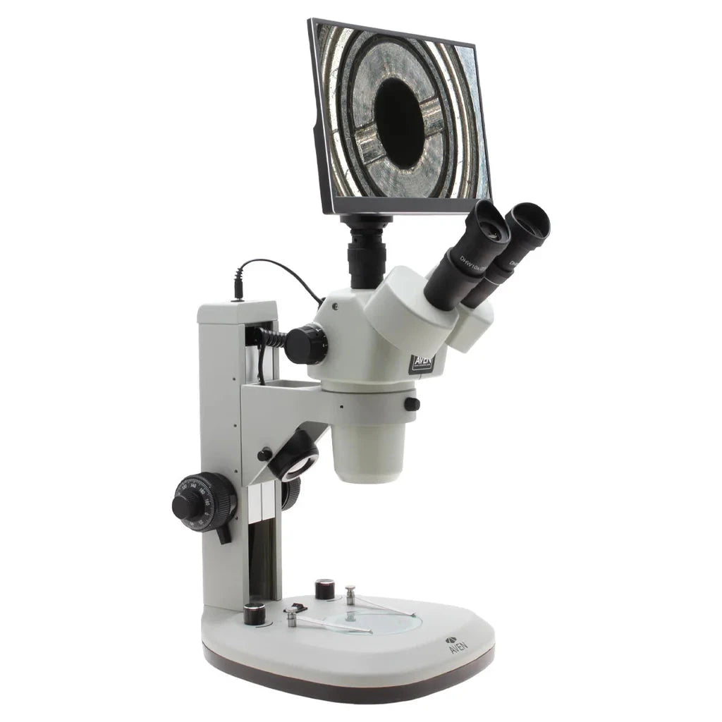 Aven Stereo Zoom Trinocular Microscope SPZV-50 [6.7x-50x] on Track Stand with Top & Bottom LED's