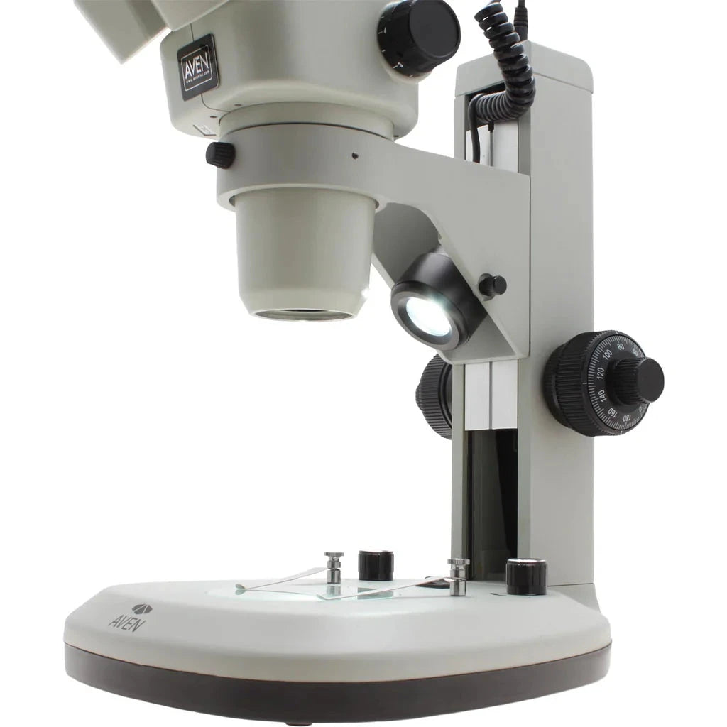 Aven Stereo Zoom Trinocular Microscope SPZV-50 [6.7x-50x] on Track Stand with Top & Bottom LED's