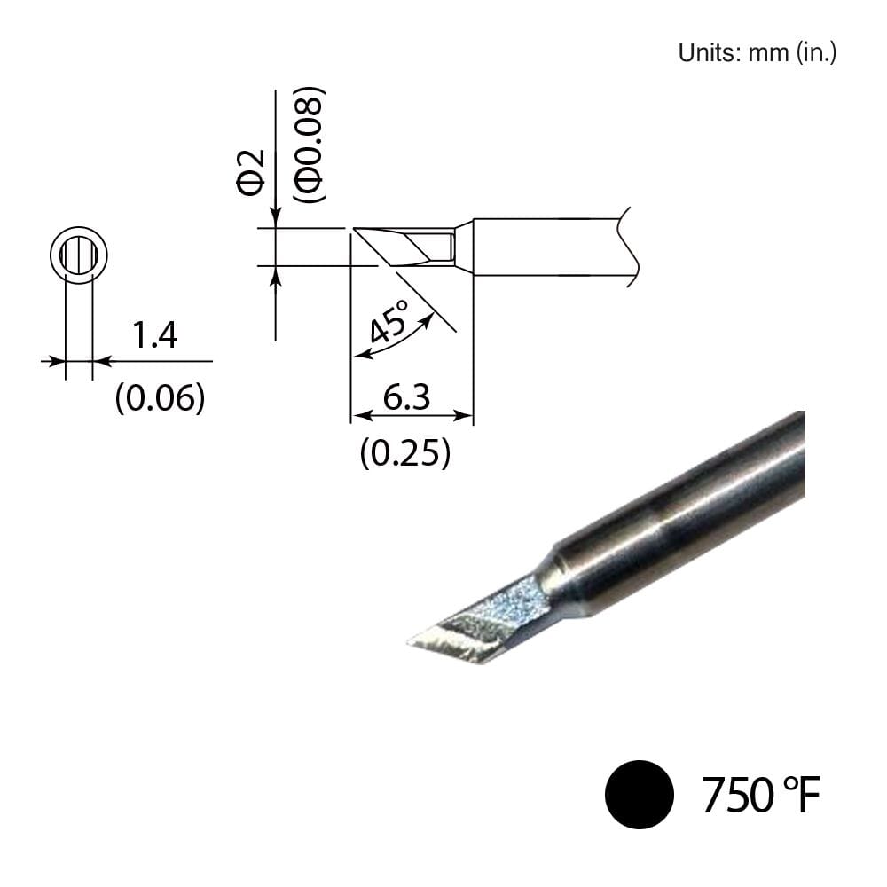 Hakko T35-02KU Tip, Knife, 2mm - 45&deg; x 6.3mm, 750&deg;F, FX-1002 Micro