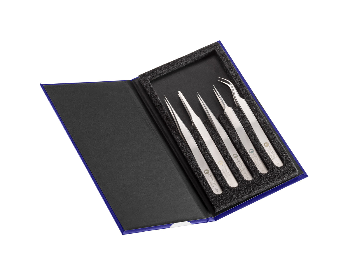 Ideal-tek 5-pc Tweezer Kit – High Precision – Anti-Acid / Anti-Magnetic Stainless Steel – 1 – 2A – 3C – 5 – 7 – Swiss Made