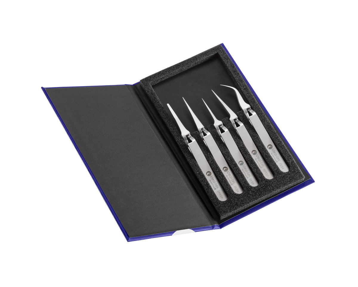 Ideal-tek 5-pc Tweezer Kit – Reverse Action – Anti-Magnetic Stainless Steel – 2AX – 3X – 5X – 5AX – 7X – Swiss Made