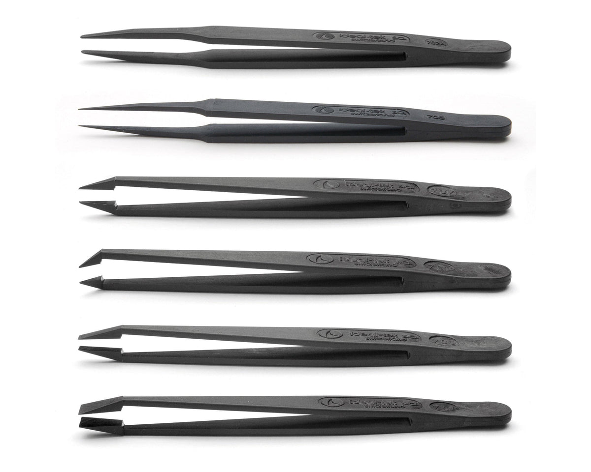Ideal-tek 6-pc ESD Plastic tweezer Kit – Carbon Fiber – 702A – 705 – 707 – 708 – 709 – 710 – Swiss Made