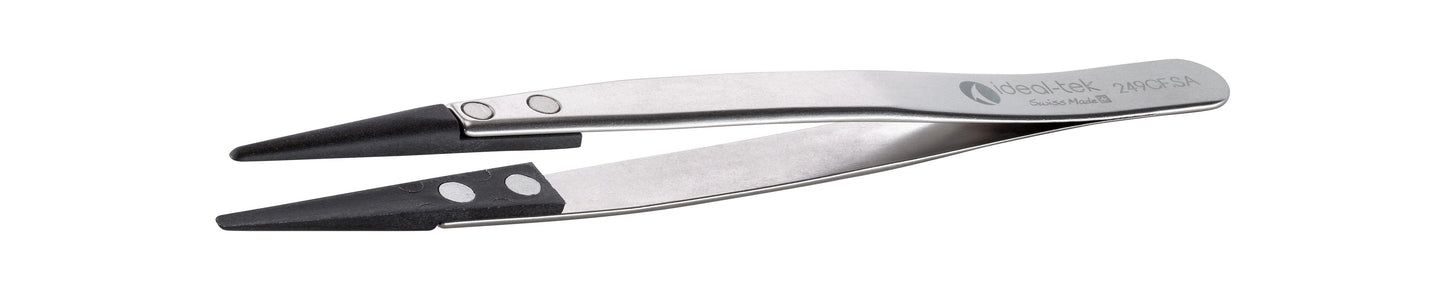 Ideal-tek ESD Plastic Tip Tweezers – Style 249 – Carbon Fiber Tips – 130mm (5.1″) – Swiss Made