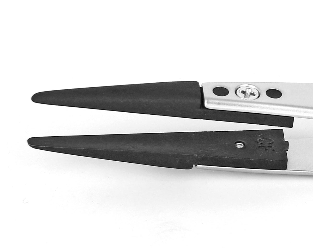 Ideal-tek ESD Plastic Tip Tweezers – Style 249 – Carbon Fiber Tips A249CF – 115mm (4.5″) – Swiss Made