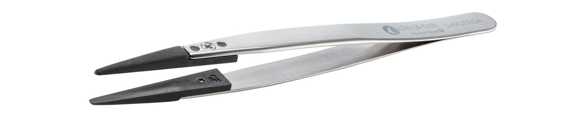 Ideal-tek ESD Plastic Tip Tweezers – Style 249 – Carbon Fiber Tips A249CF – 130mm (5.1″) – Swiss Made