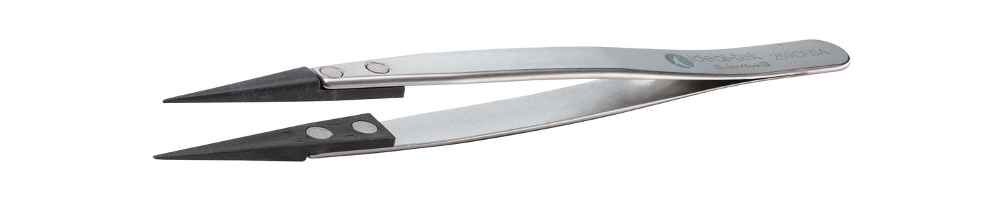 Ideal-tek ESD Plastic Tip Tweezers – Style 259 – Carbon Fiber Tips – 130mm (5.1″) – Swiss Made