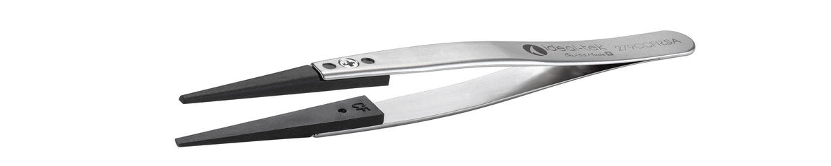 Ideal-tek ESD Plastic Tip Tweezers – Style 279 – Carbon Fiber Tips A279CF – 115mm (4.5″) – Swiss Made