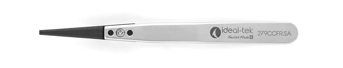 Ideal-tek ESD Plastic Tip Tweezers – Style 279 – Carbon Fiber Tips A279CF – 115mm (4.5″) – Swiss Made