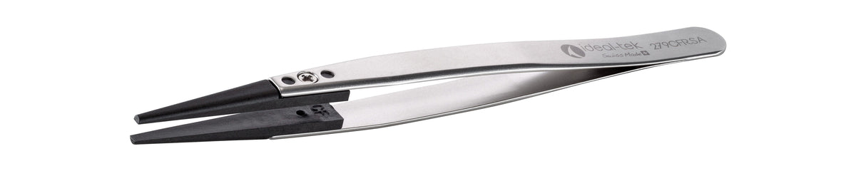 Ideal-tek ESD Plastic Tip Tweezers – Style 279 – Carbon Fiber Tips A279CF – 130mm (5.1″) – Swiss Made