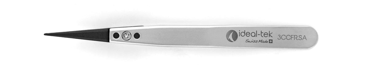 Ideal-tek ESD Plastic Tip Tweezers – Style 3 – Carbon Fiber Tips A3CF – 115mm (4.5″) – Swiss Made