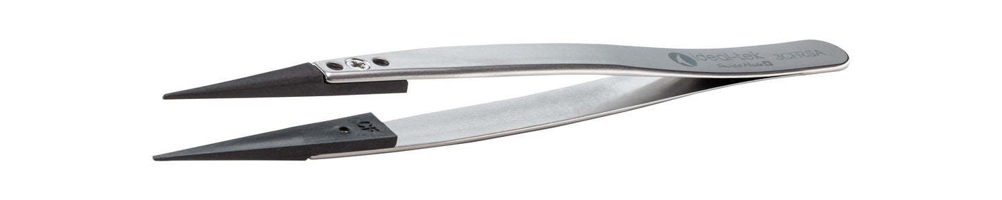 Ideal-tek ESD Plastic Tip Tweezers – Style 3 – Carbon Fiber Tips A3CF – 130mm (5.1″) – Swiss Made
