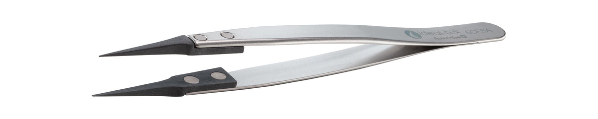 Ideal-tek ESD Plastic Tip Tweezers – Style 5 – Carbon Fiber Tips – 130mm (5.1″) – Swiss Made