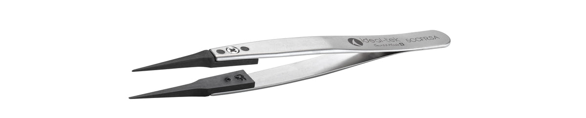 Ideal-tek ESD Plastic Tip Tweezers – Style 5 – Carbon Fiber Tips A5CF – 115mm (4.5″) – Swiss Made