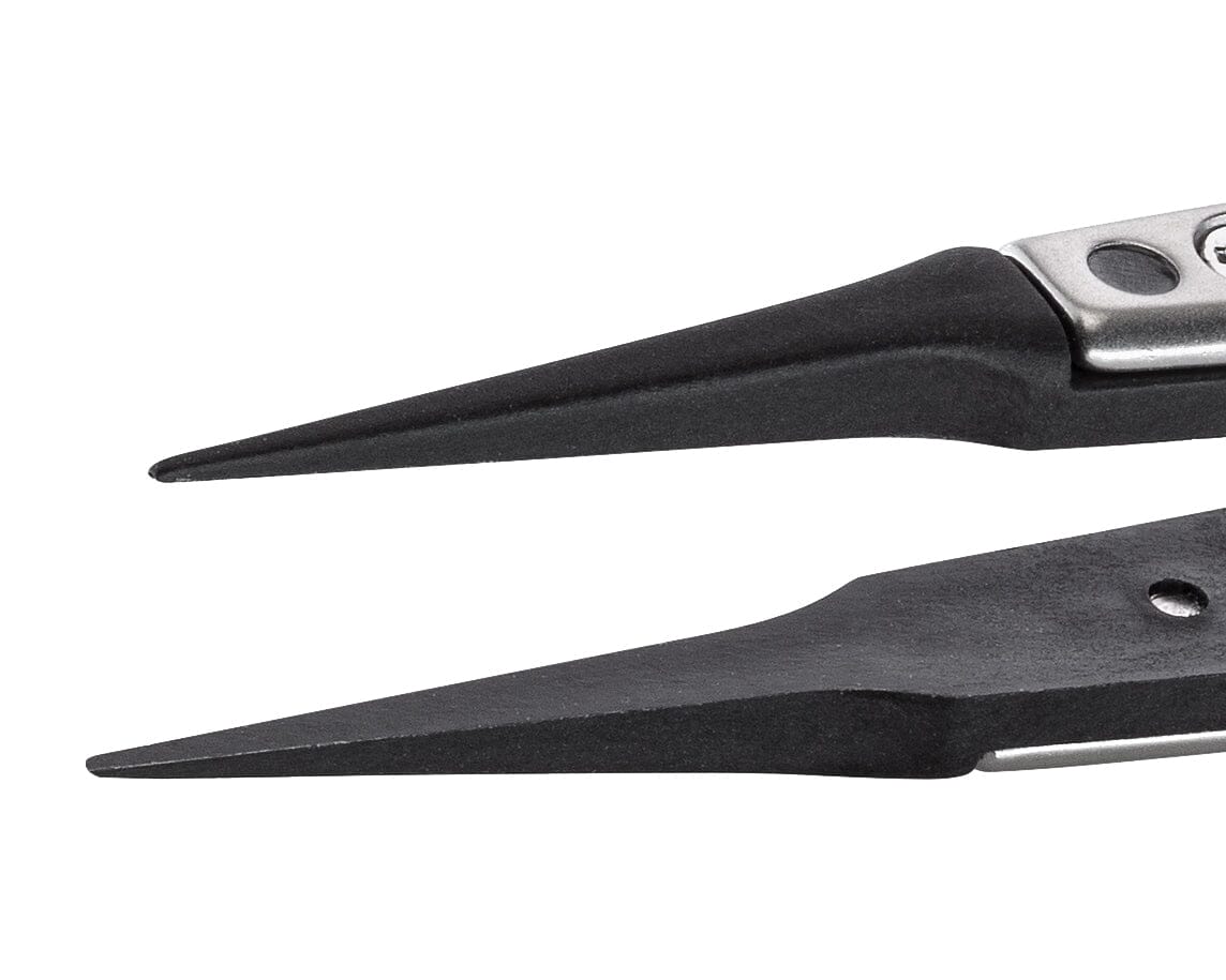 Ideal-tek ESD Plastic Tip Tweezers – Style 5 – Carbon Fiber Tips A5CF – 130mm (5.1″) – Swiss Made