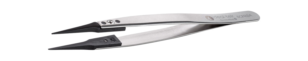Ideal-tek ESD Plastic Tip Tweezers – Style 5 – Carbon Fiber Tips A5CF – 130mm (5.1″) – Swiss Made