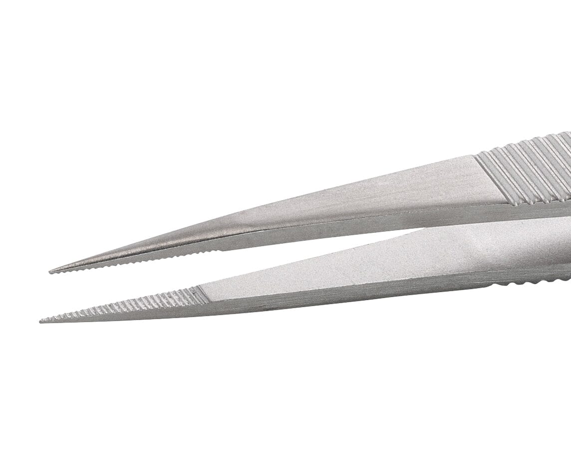 Ideal-tek Mini Tweezers Style M00D – Anti-Acid / Anti-Magnetic Stainless Steel – Straight Fine Sharp Line-Serrated Tips – 90mm (3.5") – Swiss Made