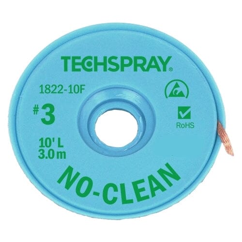 Techspray NoClean Desoldering Braid 1822-10F, 10', Anti-Static, #3 Green, .075" (1.9mm)