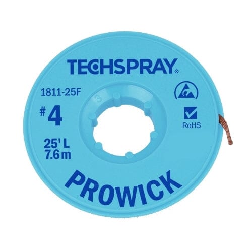 Techspray ProWick Desoldering Braid, 25', Anti-Static, #4 Blue, .098" (2.5mm)