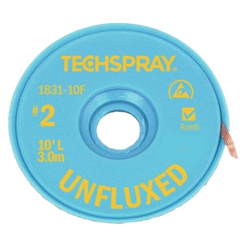 Techspray Unfluxed Desoldering Braid 1831-10F, 10', Anti-Static, #2 Yellow, .055" (1.4mm)