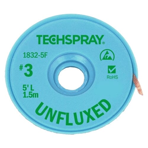 Techspray Unfluxed Desoldering Braid 1832-5F, 5', Anti-Static, #3 Green, .075" (1.9mm)