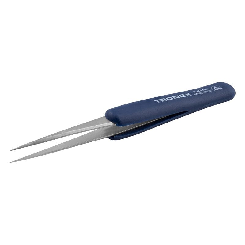 Tronex Precision Stainless Steel Tweezer 3C-SA-DR, ESD Rubber Grip, Short Body, Straight Fine Sharp Tip